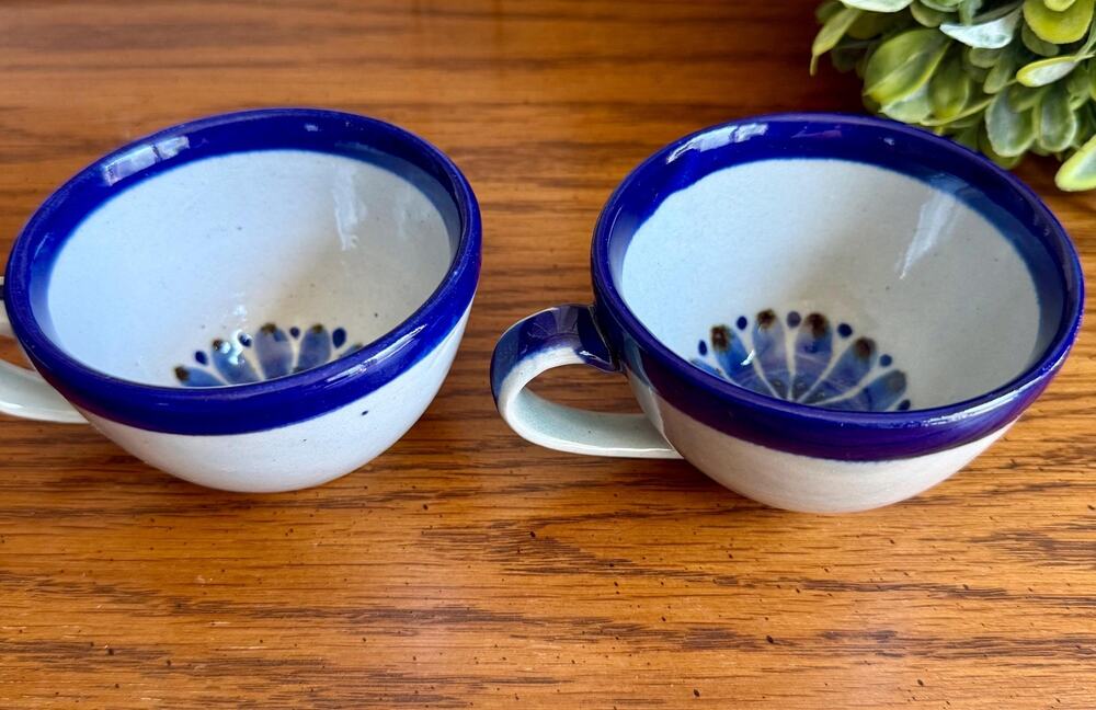 2 Ken Edwards El Palomar Mexico Pottery Coffee Cups Blue Guadalajara Flower